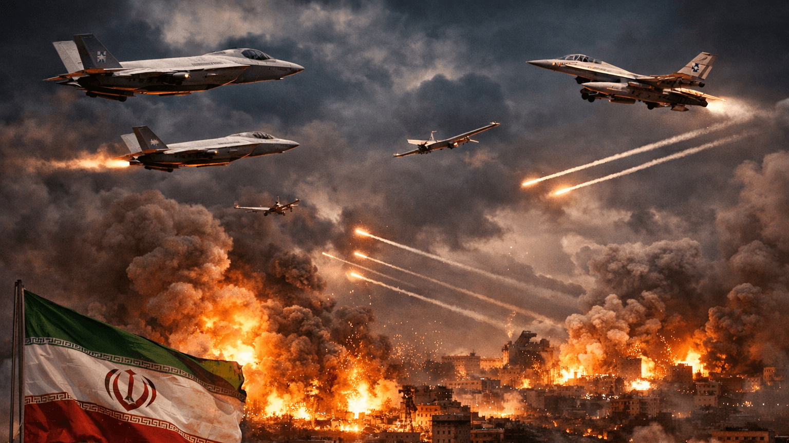 Jet tempur dan drone melancarkan serangan udara besar-besaran di atas kota Iran pada malam hari, dengan ledakan dan asap tebal membumbung tinggi.