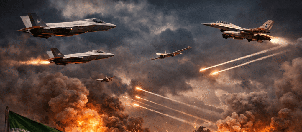 Jet tempur dan drone melancarkan serangan udara besar-besaran di atas kota Iran pada malam hari, dengan ledakan dan asap tebal membumbung tinggi.