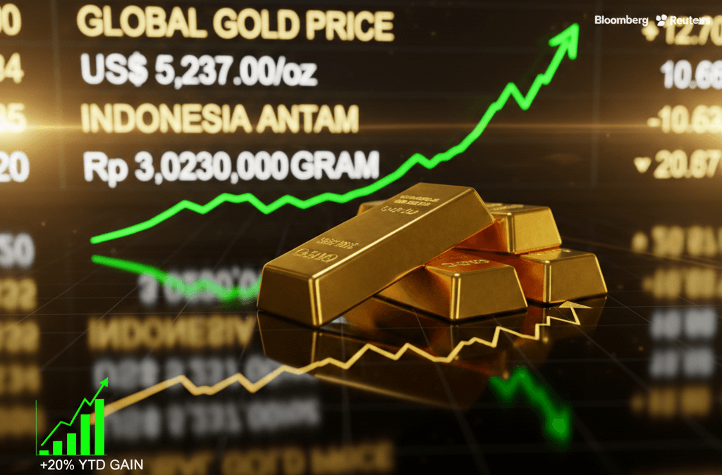 Grafik harga emas dunia tembus rekor US$ 5.237 per troy ons dan emas Antam Rp 3.023.000 per gram dengan latar batangan emas murni.
