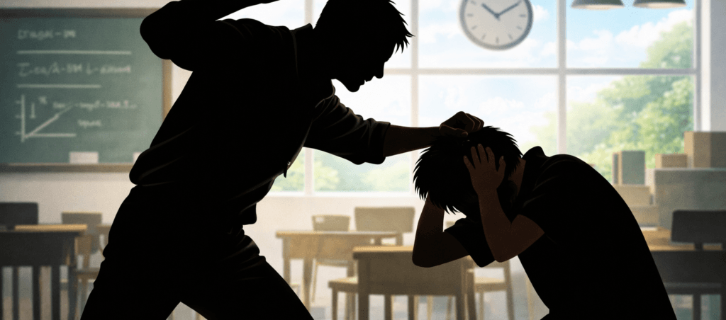 Ilustrasi AI yang menunjukkan seorang pria berseragam guru sedang melakukan tindakan asusia terhadap seorang siswa laki-laki