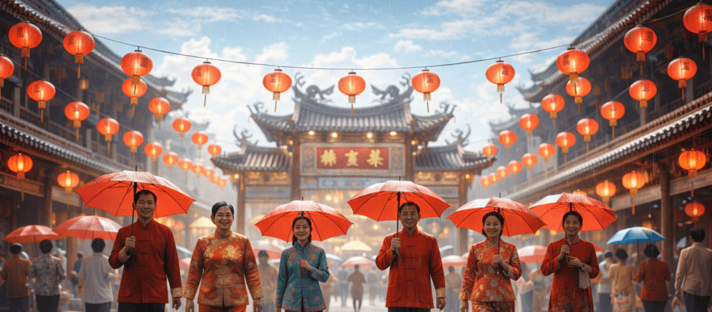 Suasana perayaan Imlek 2026 di bawah guyuran hujan dengan lampion merah dan payung sebagai simbol keberuntungan hoki