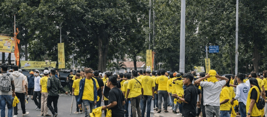 Sekelompok massa pria mengenakan kaus kuning dan hitam berkumpul di jalan raya di depan pepohonan hijau, menggambarkan situasi kerumunan di lokasi Musda Golkar Sumut di Medan.