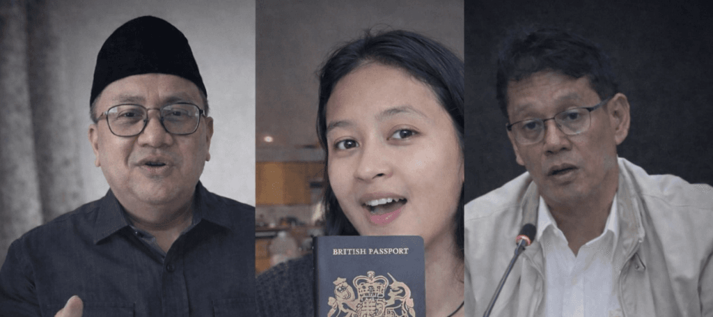 Kolase tiga foto yang menampilkan Habib Syarief Muhammad (Anggota DPR), Dwi Sasetyaningtyas (alumnus LPDP) memegang paspor Inggris, dan Purbaya Yudhi Sadewa (Menkeu) dalam satu bingkai berita kontroversi beasiswa negara.