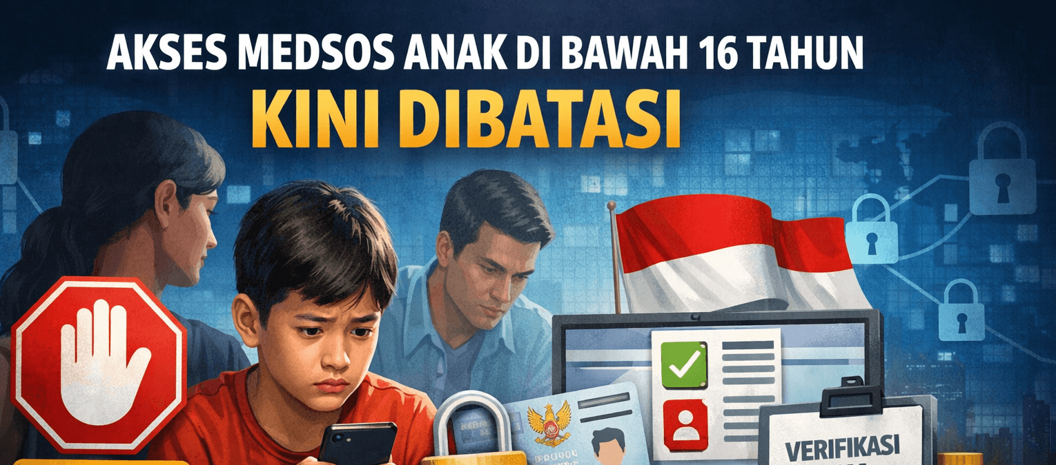 Ilustrasi pembatasan akses media sosial bagi anak di bawah 16 tahun di Indonesia dengan sistem verifikasi usia.