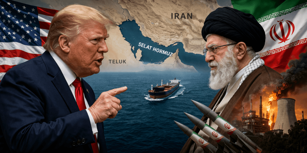 Ilustrasi ketegangan antara Amerika Serikat dan Iran terkait ultimatum pembukaan Selat Hormuz